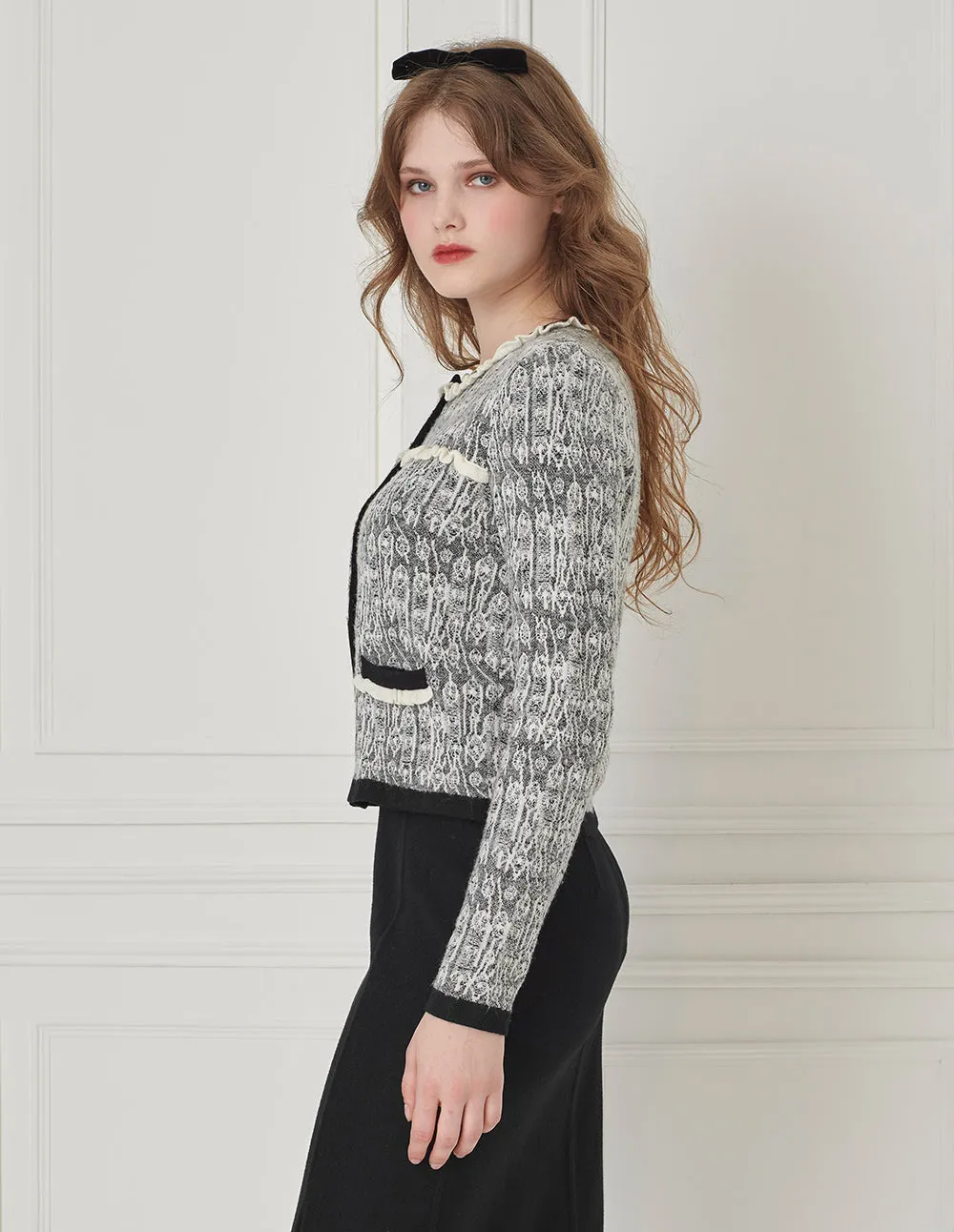 BORA AKSU Imitation Tweed Jacquard Round Neck Knitted Cardigan