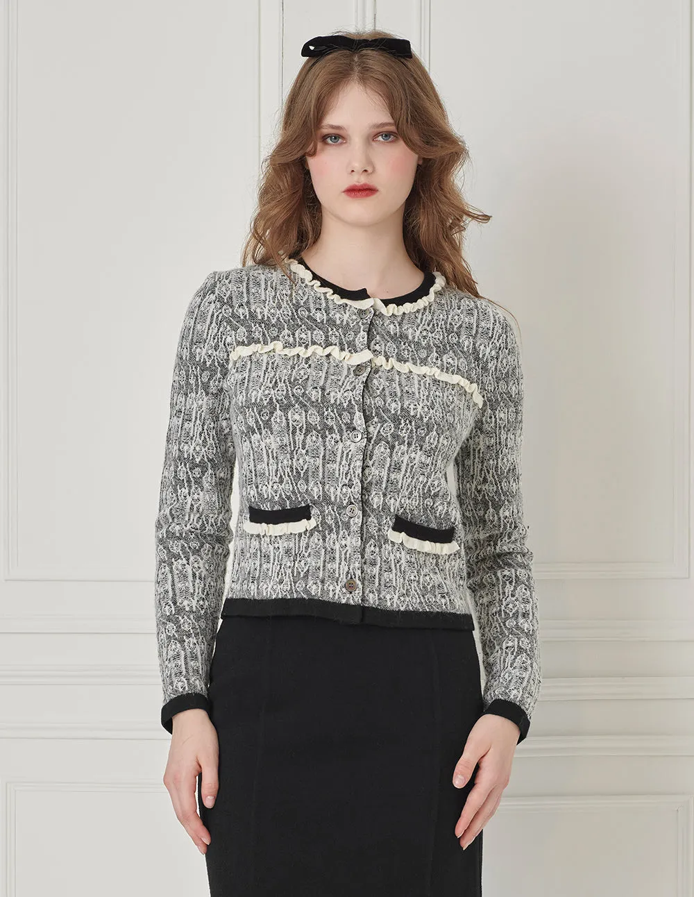 BORA AKSU Imitation Tweed Jacquard Round Neck Knitted Cardigan