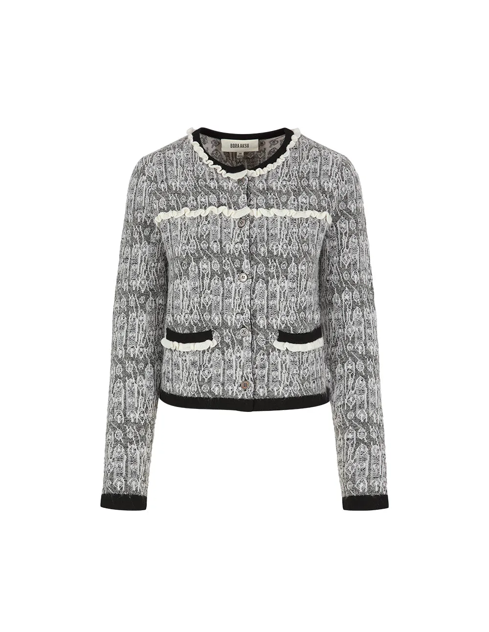 BORA AKSU Imitation Tweed Jacquard Round Neck Knitted Cardigan