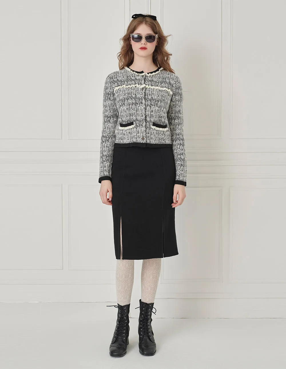 BORA AKSU Imitation Tweed Jacquard Round Neck Knitted Cardigan