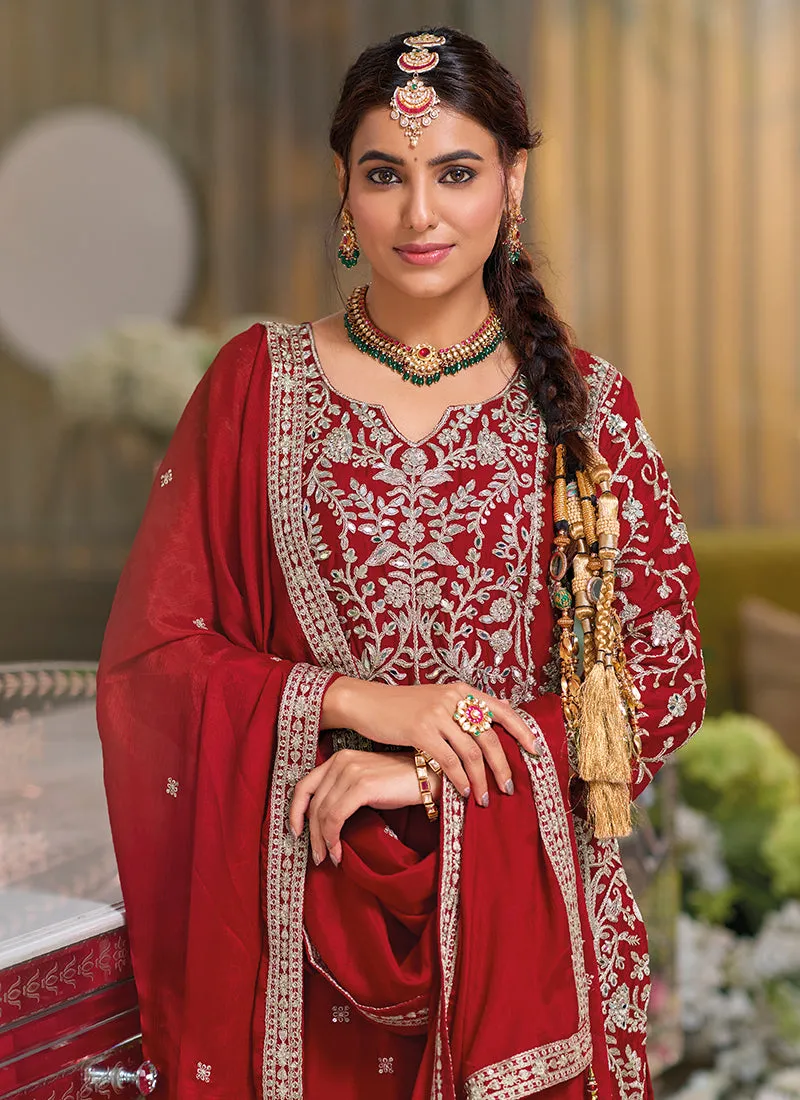 Bridal Red Traditional Embroidery Chinnon Palazzo Suit