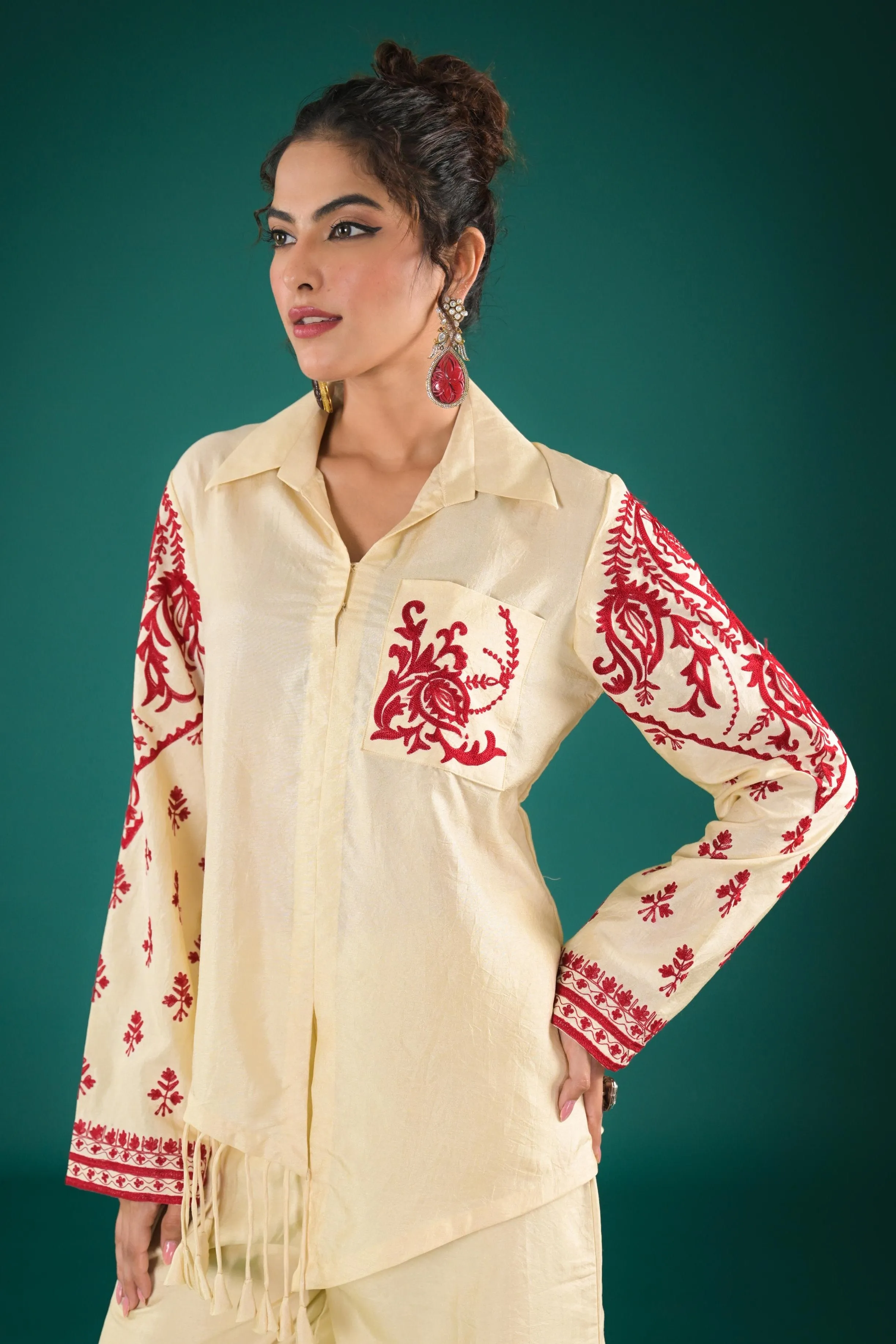 Bright Cream Embroidered Raw Silk Co-Ord Set