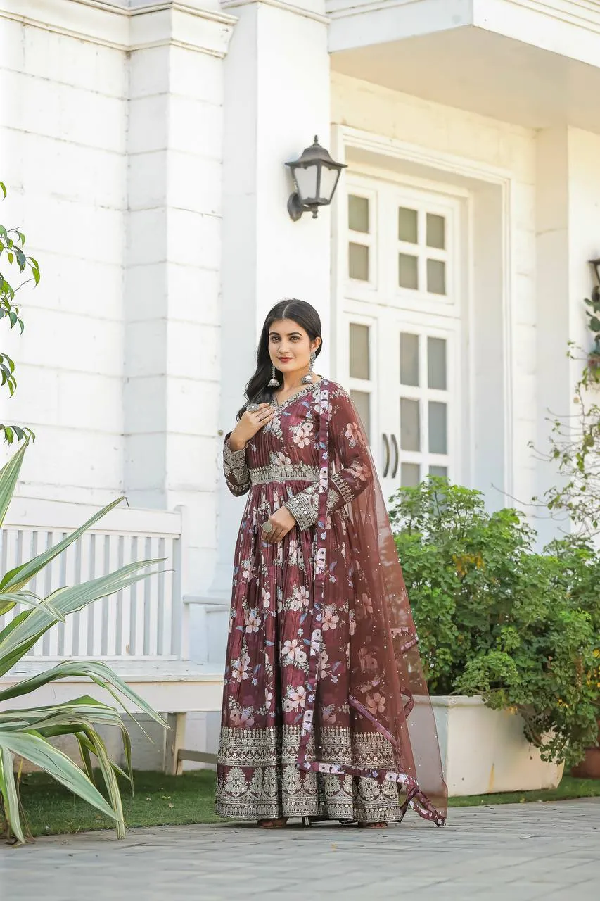 Brown Color Designer Party Wear Pure Chinon Silk Top, Palazzo & Dupatta Set