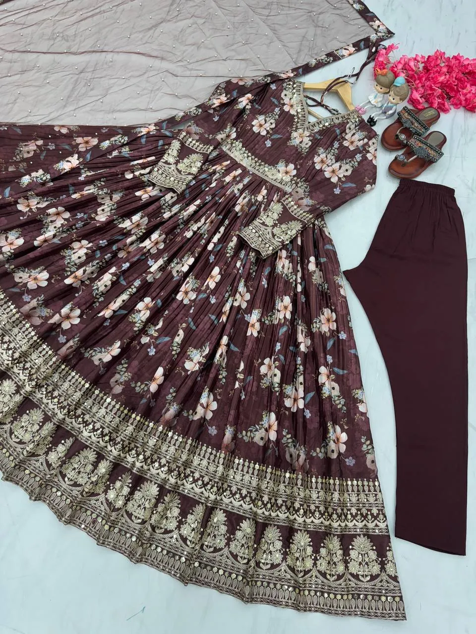 Brown Color Designer Party Wear Pure Chinon Silk Top, Palazzo & Dupatta Set