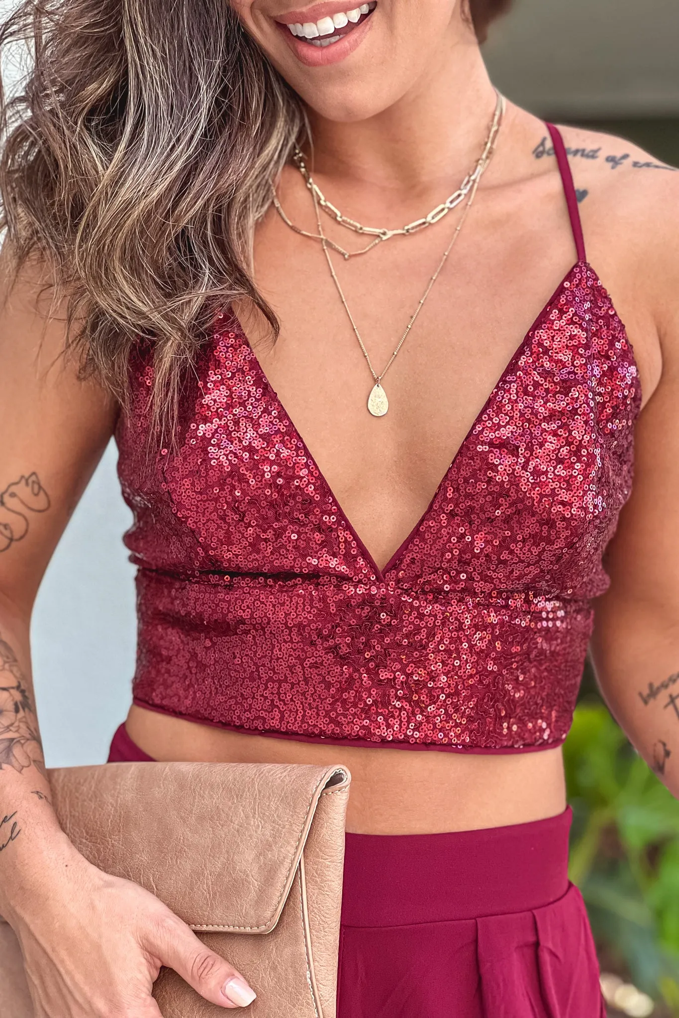 Burgundy Sequin Top And Palazzo Pants Set