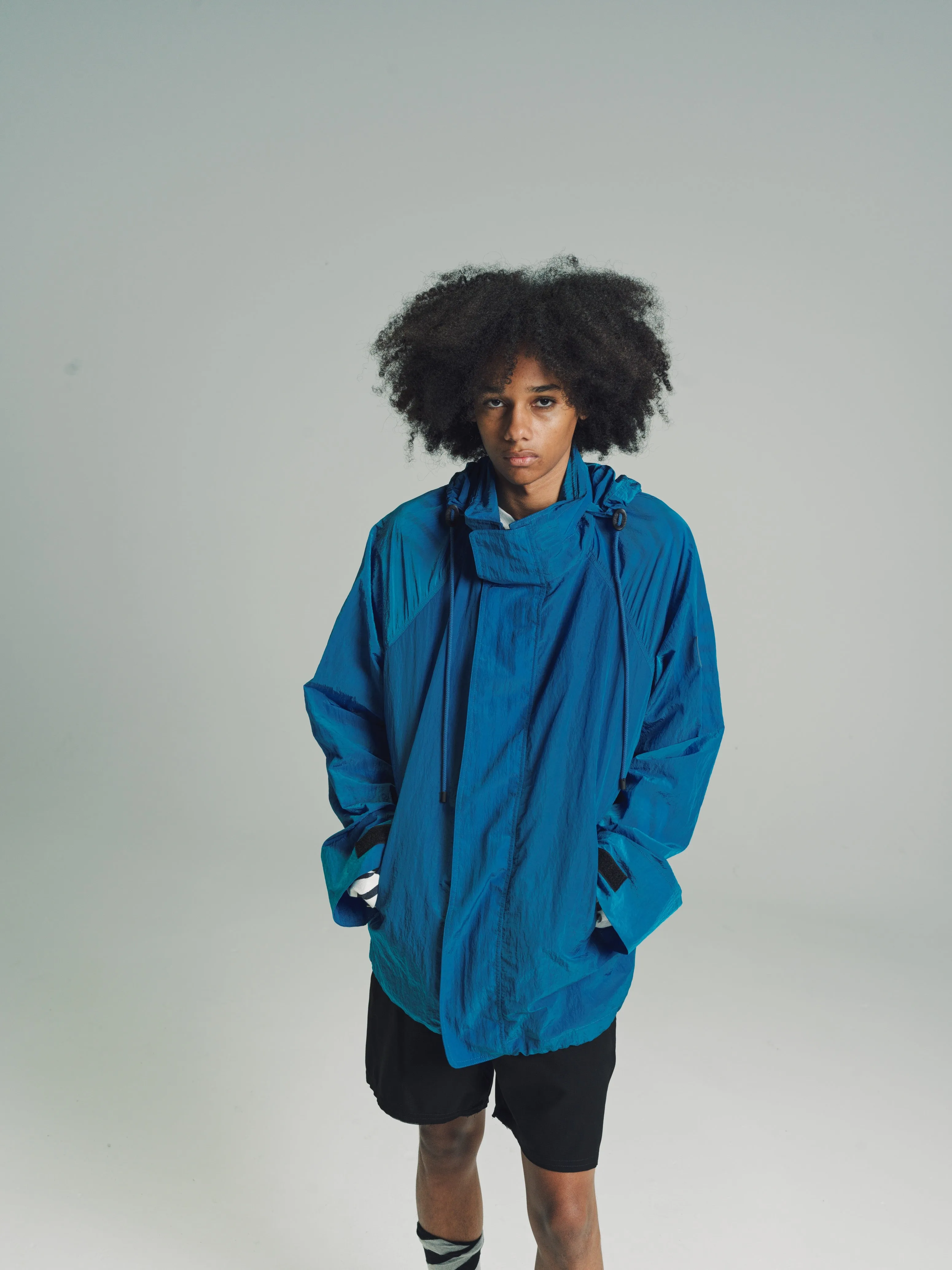 Dark Teal Blue Textured Nylon Hooded Parka