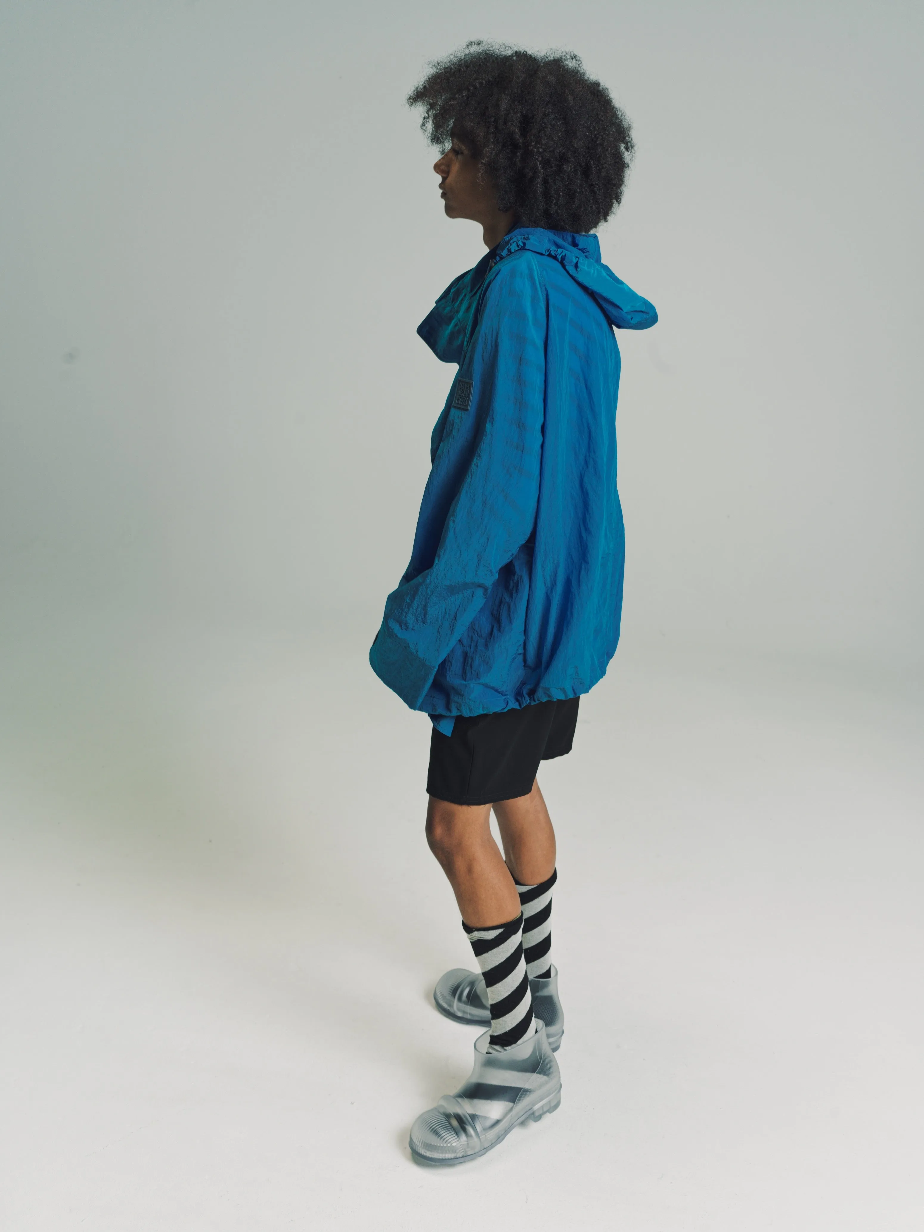 Dark Teal Blue Textured Nylon Hooded Parka