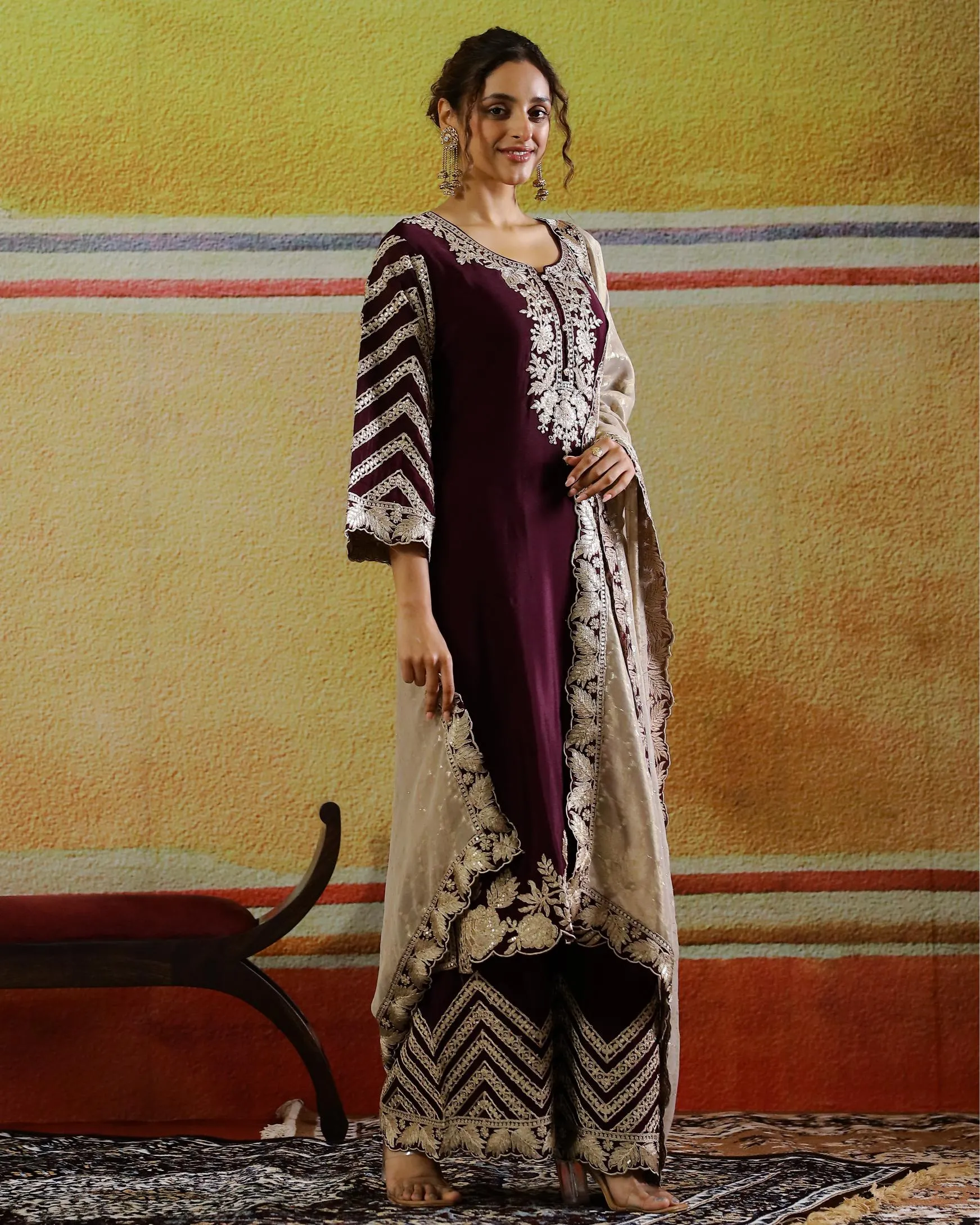 Dark Wine Embroidered Chinon Silk Kurta Set