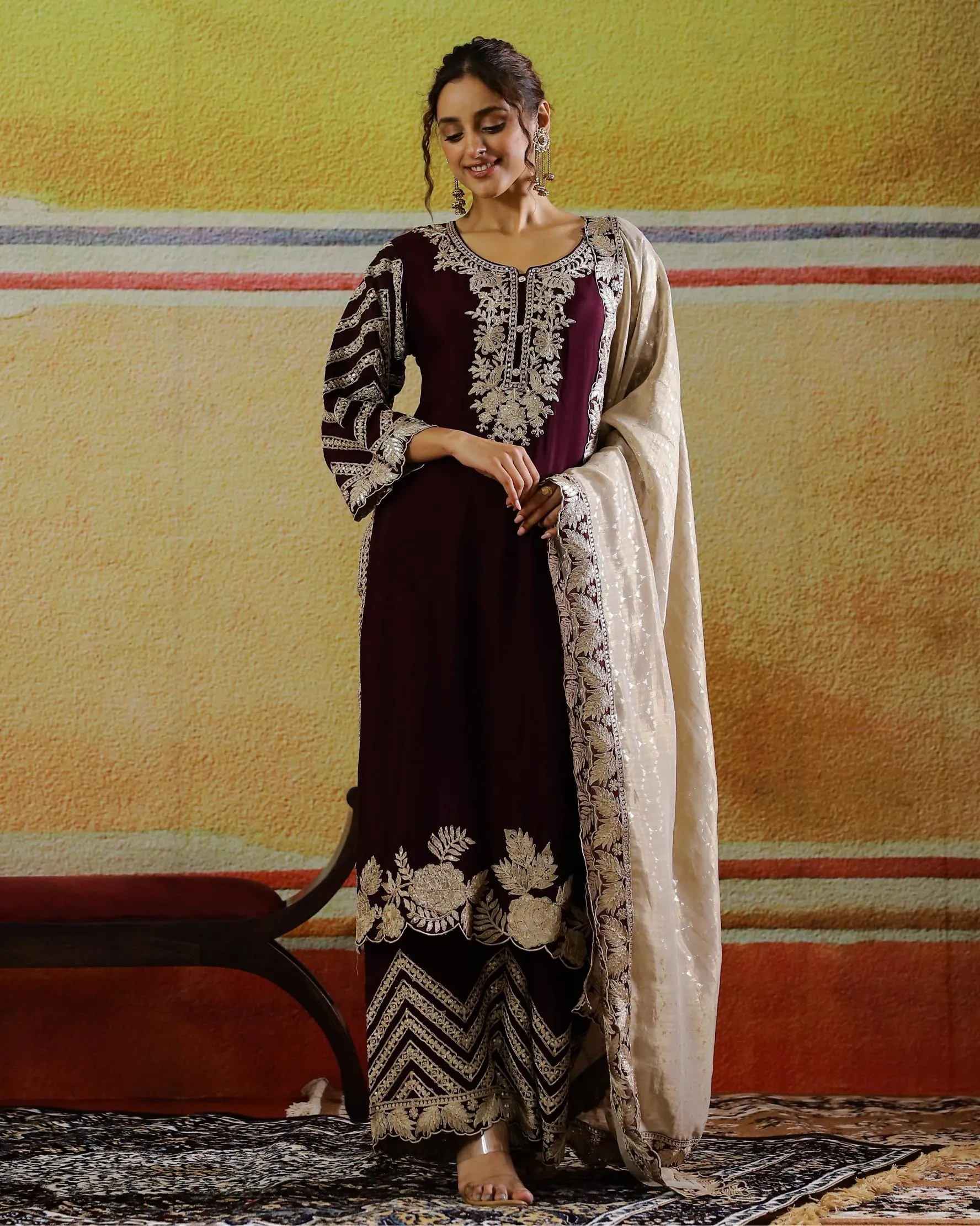 Dark Wine Embroidered Chinon Silk Kurta Set