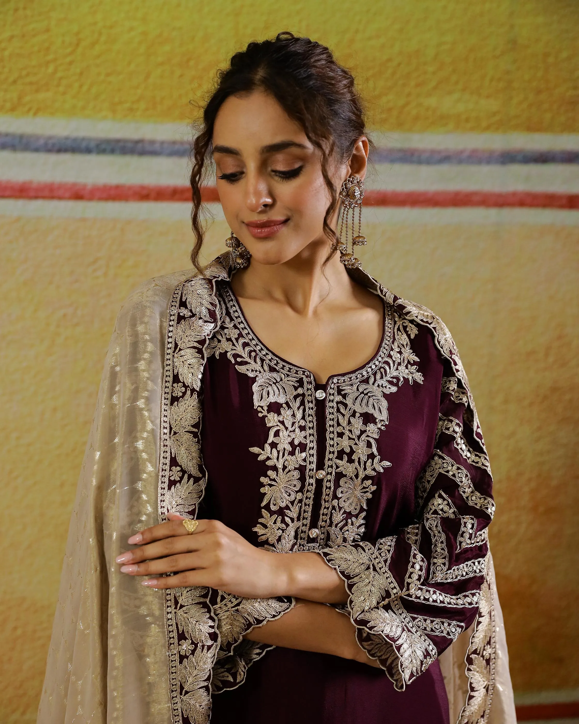 Dark Wine Embroidered Chinon Silk Kurta Set