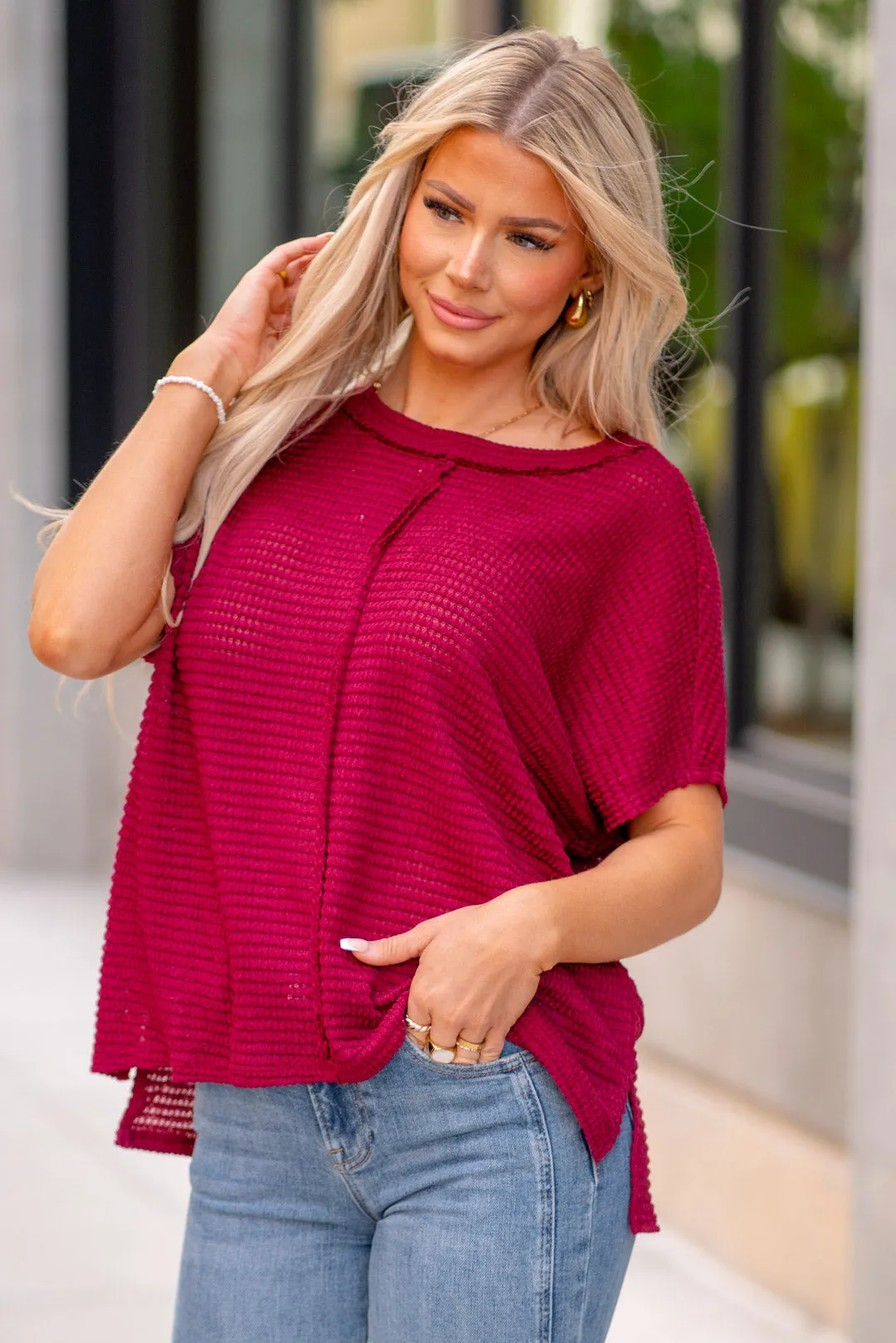 Dolman Short Sleeve Jacquard Sweater