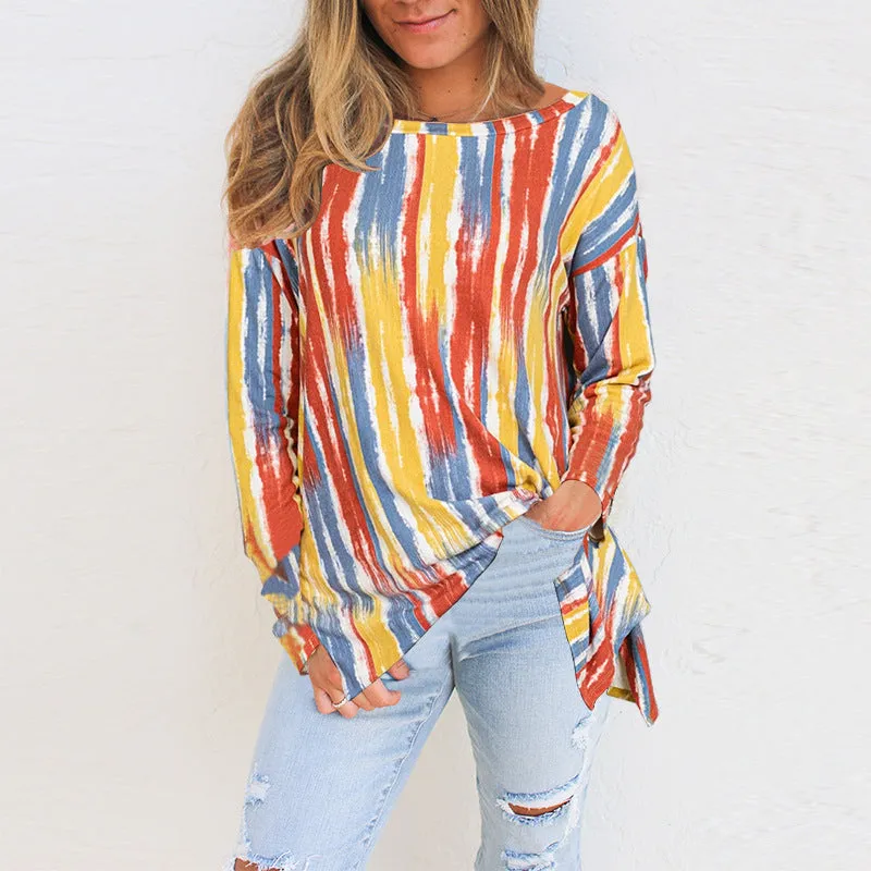 Fashion casual candy color stripe printing long-sleeved t-shirt women