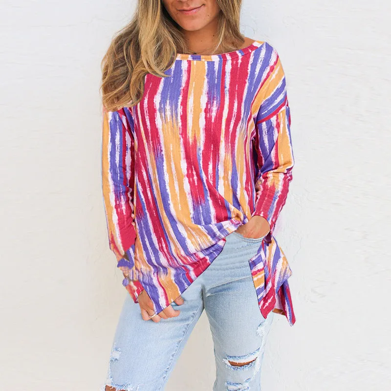 Fashion casual candy color stripe printing long-sleeved t-shirt women