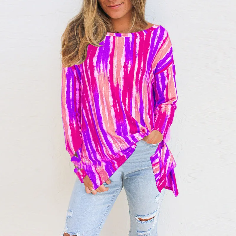 Fashion casual candy color stripe printing long-sleeved t-shirt women