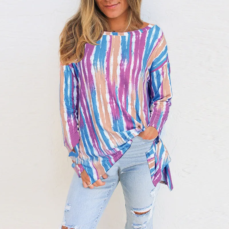 Fashion casual candy color stripe printing long-sleeved t-shirt women