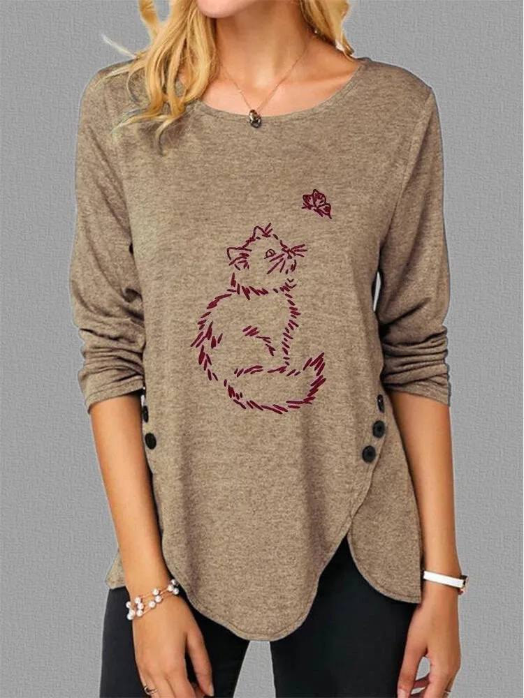 Fashion casual side button cat butterfly print long sleeve casual T-shirt women