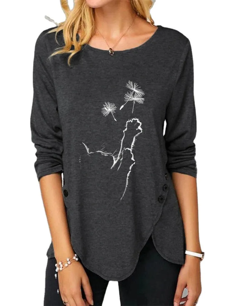 Fashion casual side button cat butterfly print long sleeve casual T-shirt women