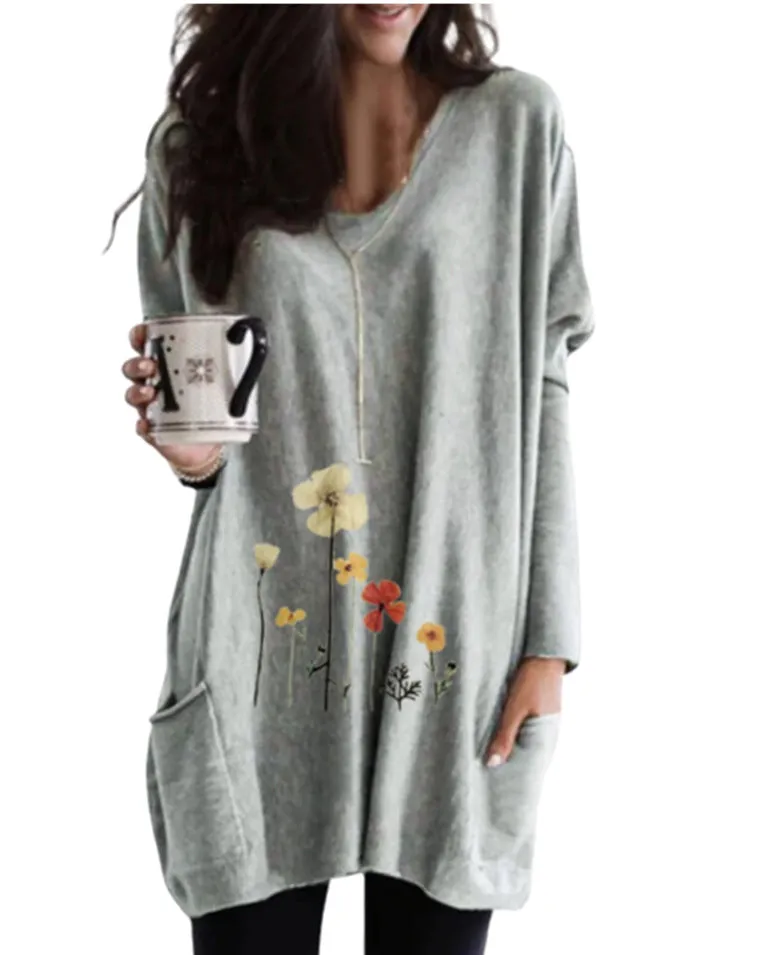 Fashion casual V-neck pullover print long-sleeved bat shirt