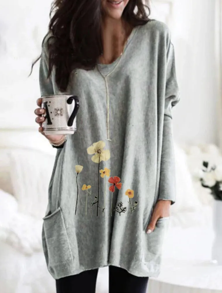 Fashion casual V-neck pullover print long-sleeved bat shirt