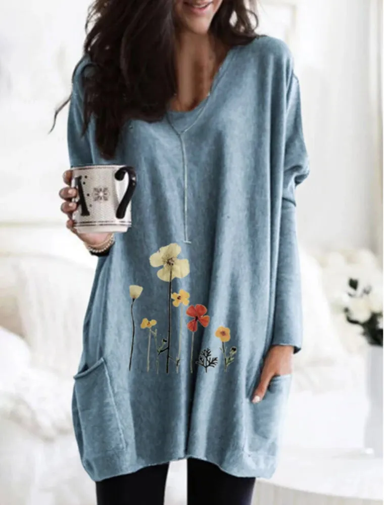 Fashion casual V-neck pullover print long-sleeved bat shirt