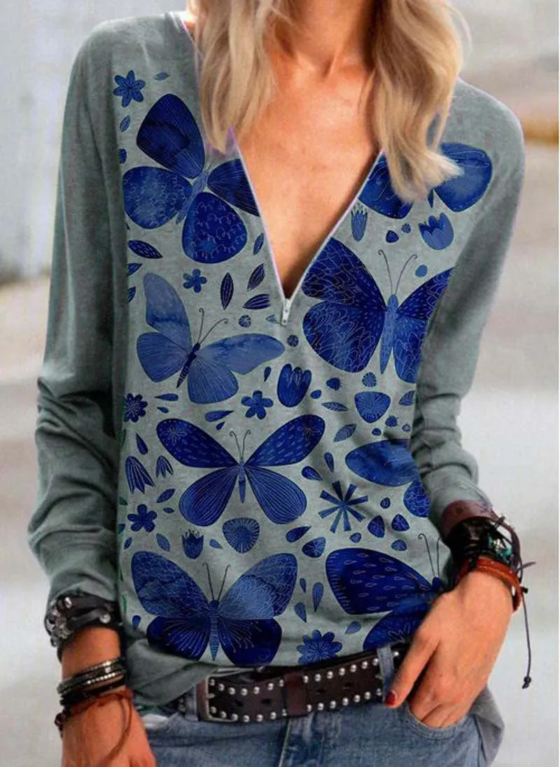 Fashion casual zipper V-neck butterfly print t-shirt