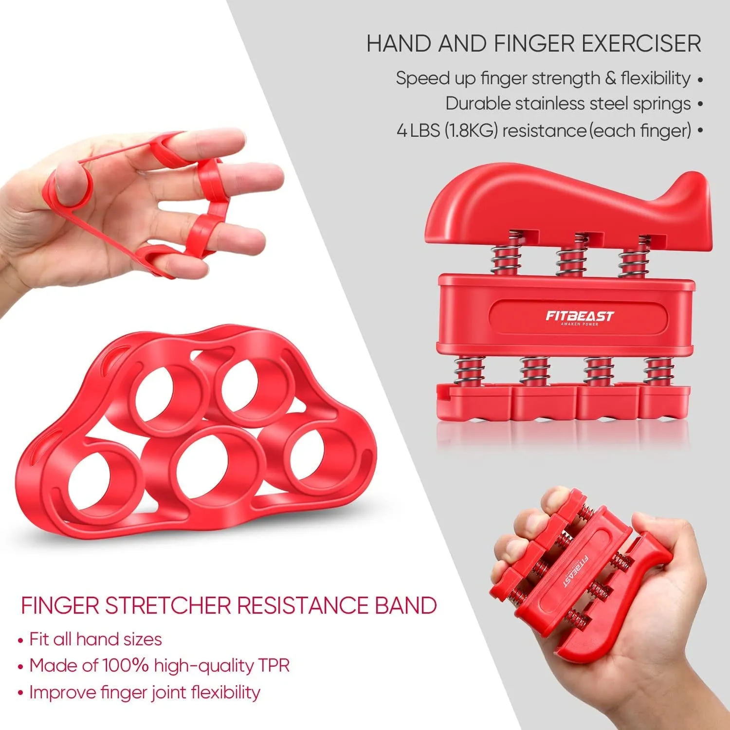 Fitbeast Grip Strengthener Forearm Strengthener Hand Grips Strengthener Kit - 5 Pack Adjustable Resistance RED