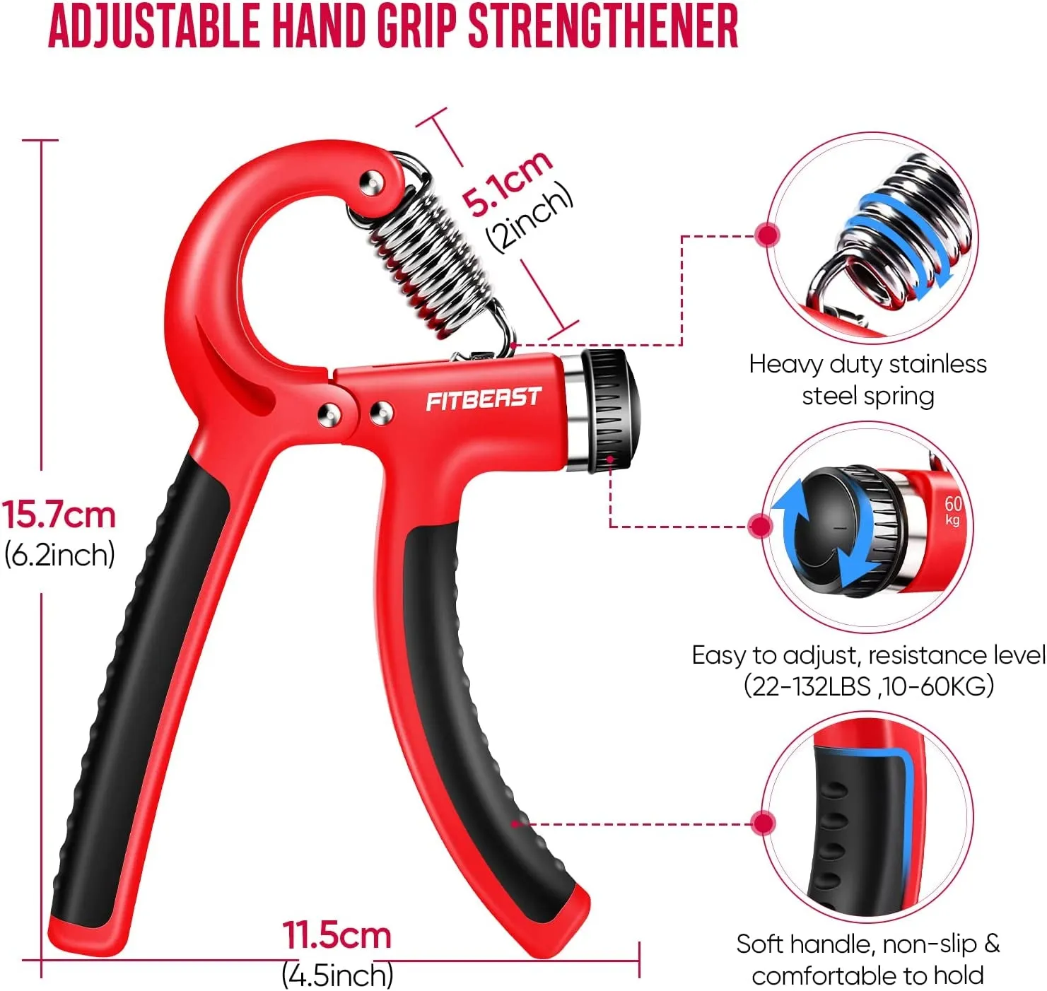 Fitbeast Grip Strengthener Forearm Strengthener Hand Grips Strengthener Kit - 5 Pack Adjustable Resistance RED