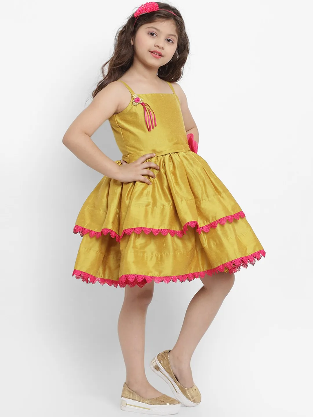 Girl's Mustard Yellow Self Design Fit And Flare Dress  - NOZ2TOZ KIDS