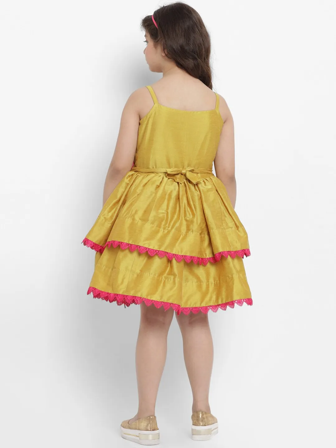 Girl's Mustard Yellow Self Design Fit And Flare Dress  - NOZ2TOZ KIDS