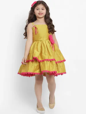 Girl's Mustard Yellow Self Design Fit And Flare Dress  - NOZ2TOZ KIDS