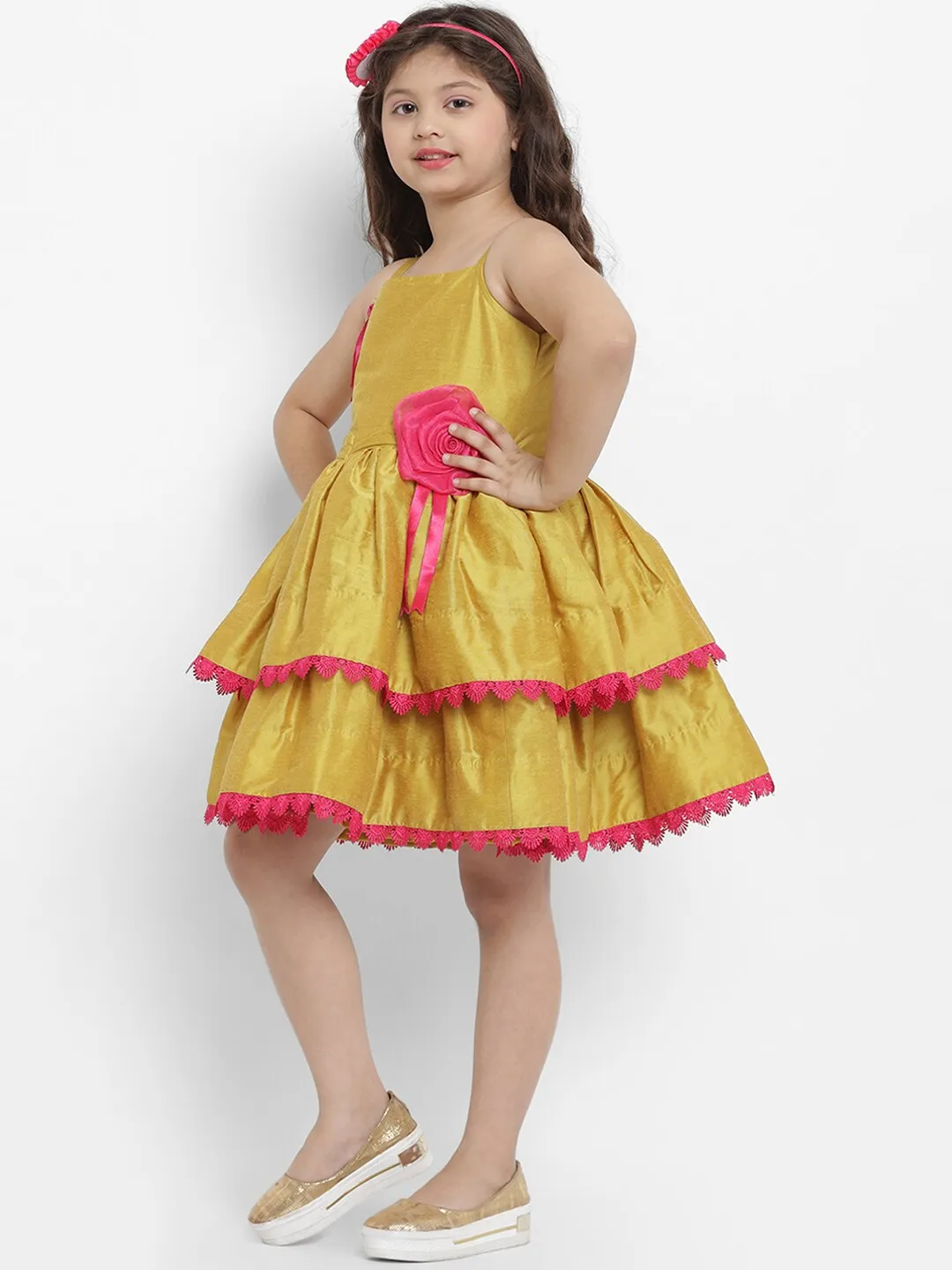 Girl's Mustard Yellow Self Design Fit And Flare Dress  - NOZ2TOZ KIDS