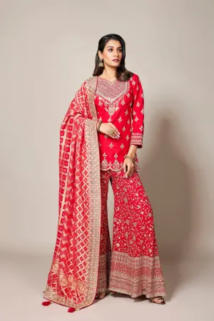 Hot Red Embellished Raw Silk Palazzo Set