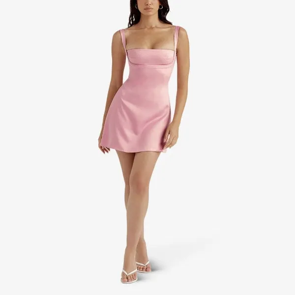 House Of Cb satin mini dress with quilted stitching, pink