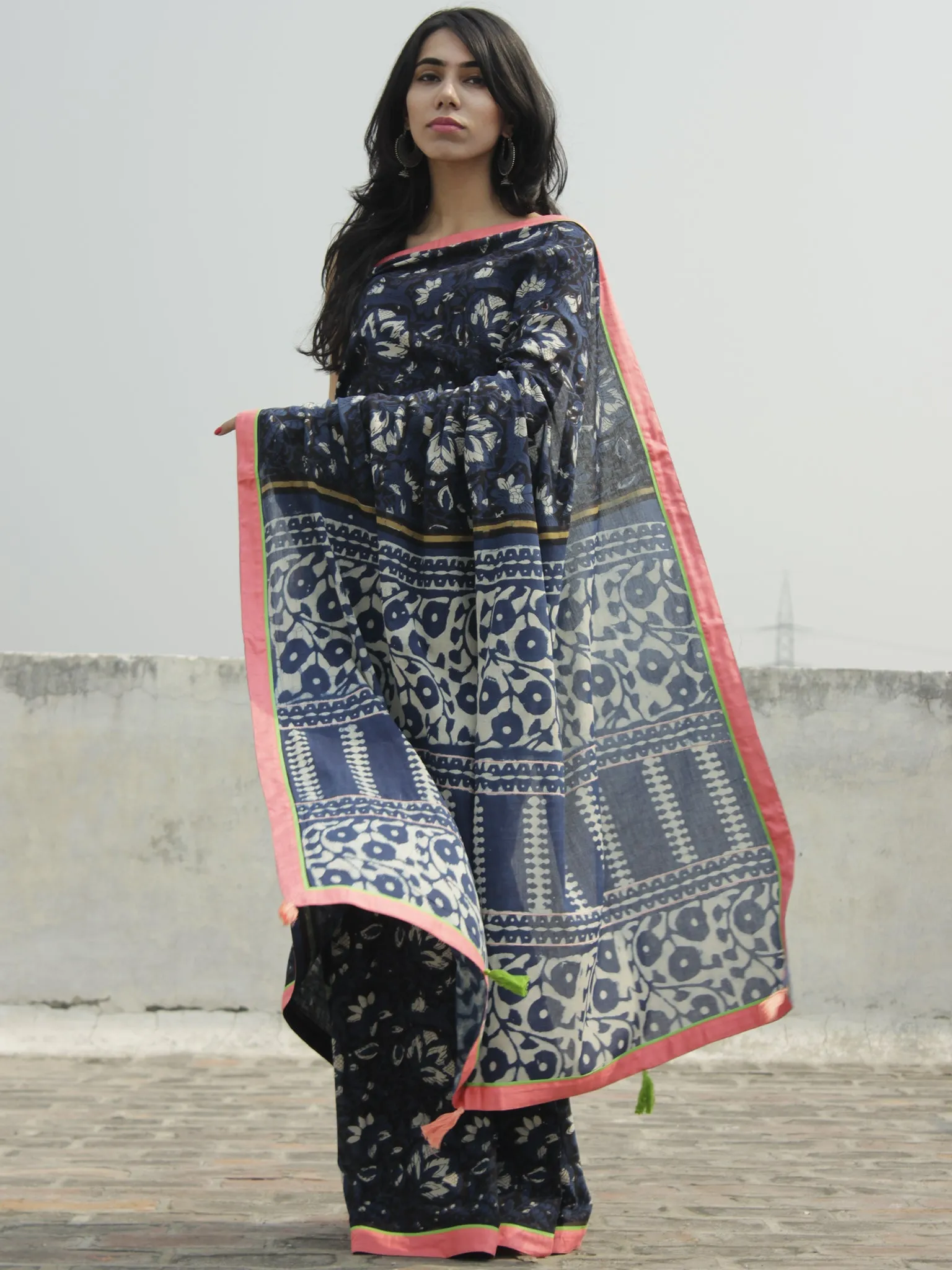 Indigo Ivory Black Hand Block Printed Cotton Saree With Peach Green Border & Tassels - S031702288