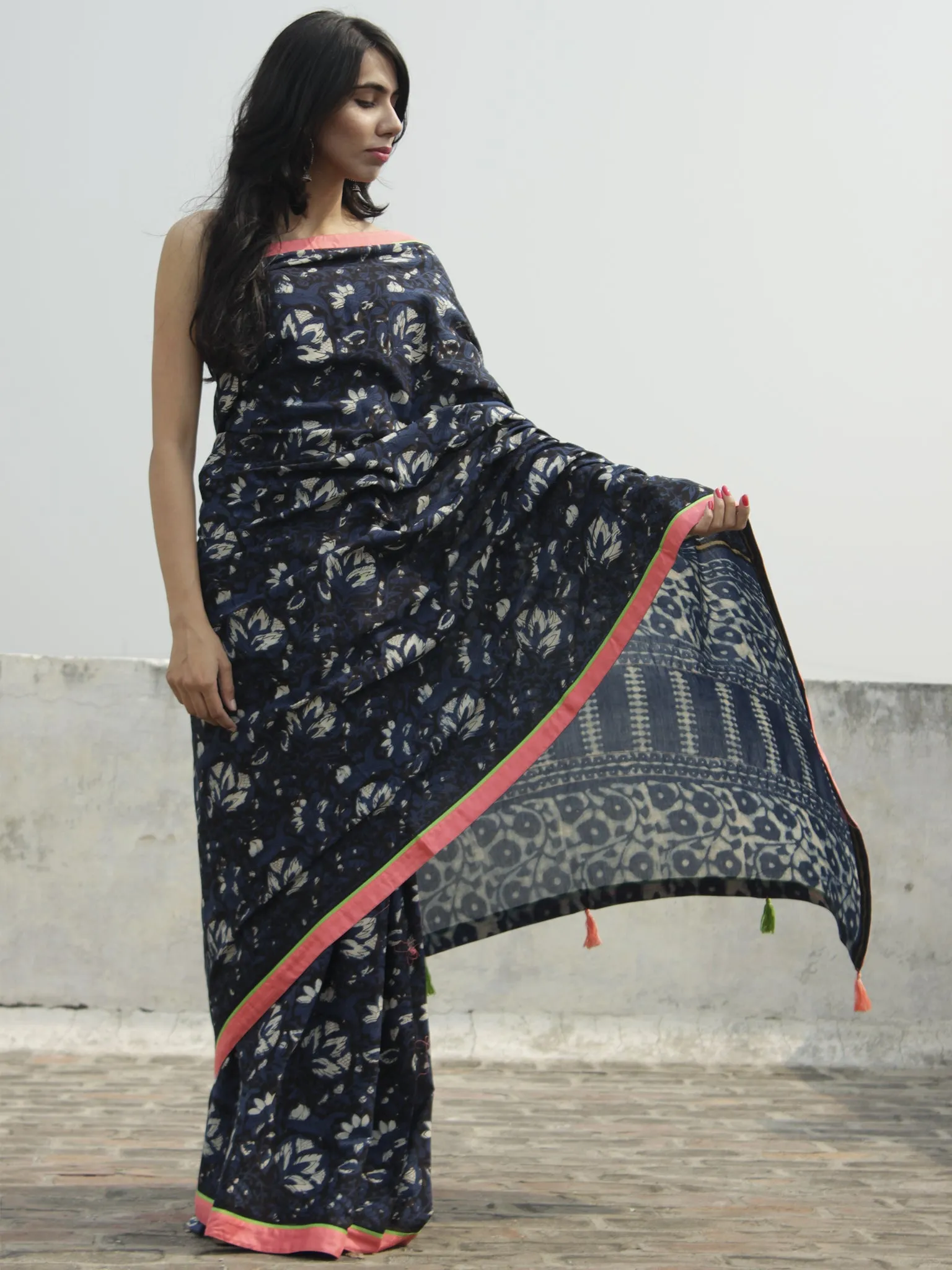 Indigo Ivory Black Hand Block Printed Cotton Saree With Peach Green Border & Tassels - S031702288