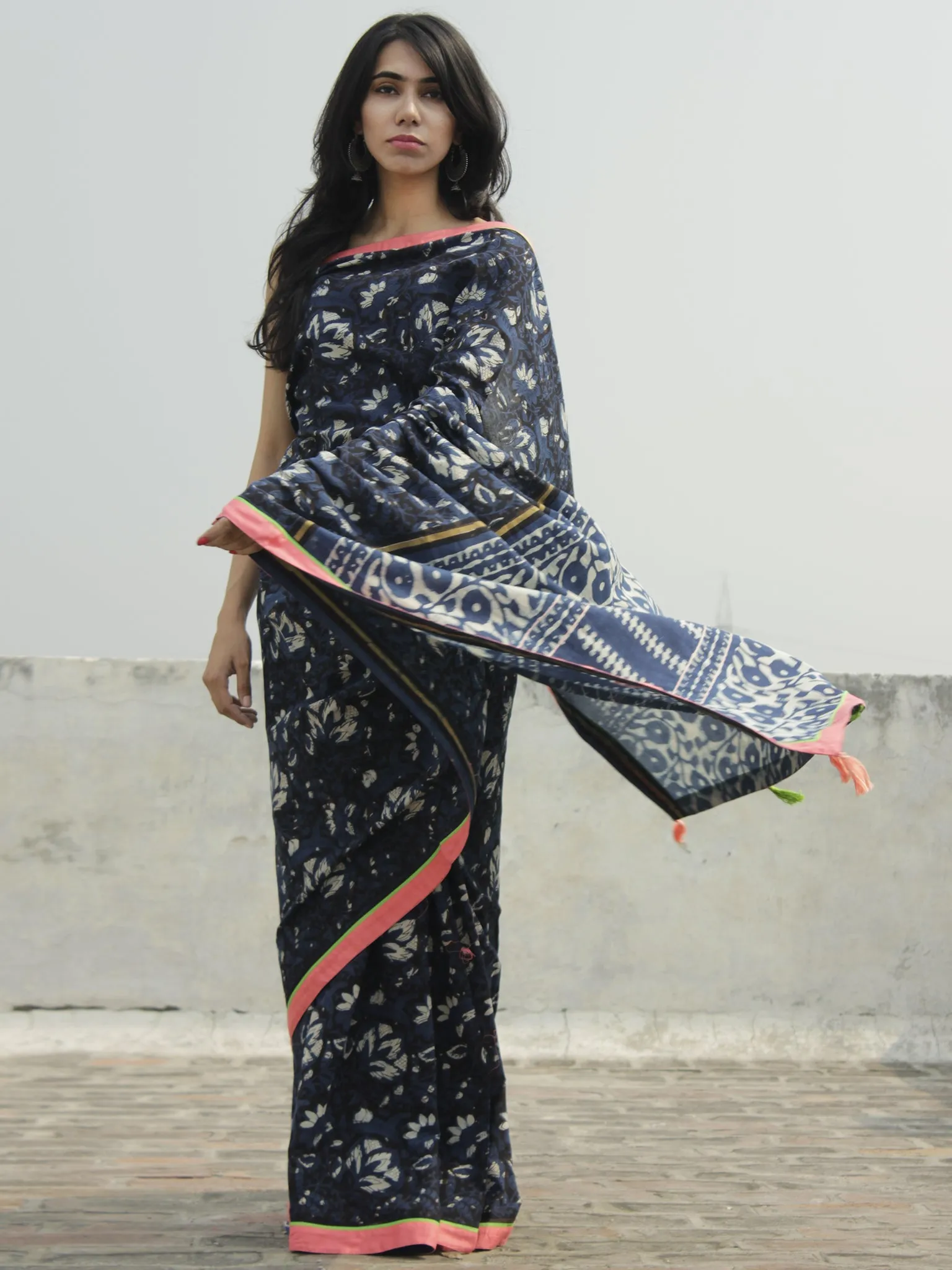 Indigo Ivory Black Hand Block Printed Cotton Saree With Peach Green Border & Tassels - S031702288