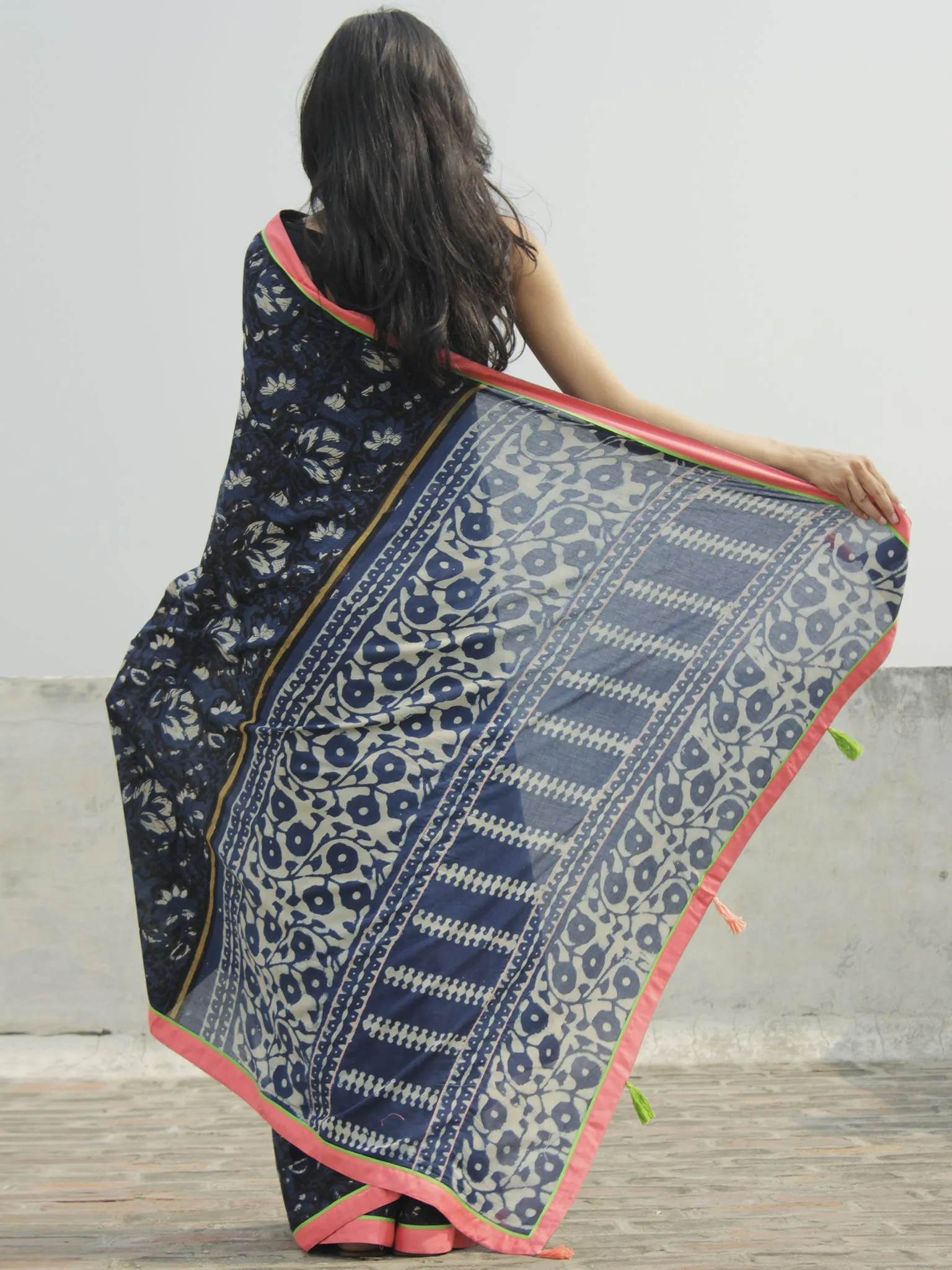 Indigo Ivory Black Hand Block Printed Cotton Saree With Peach Green Border & Tassels - S031702288