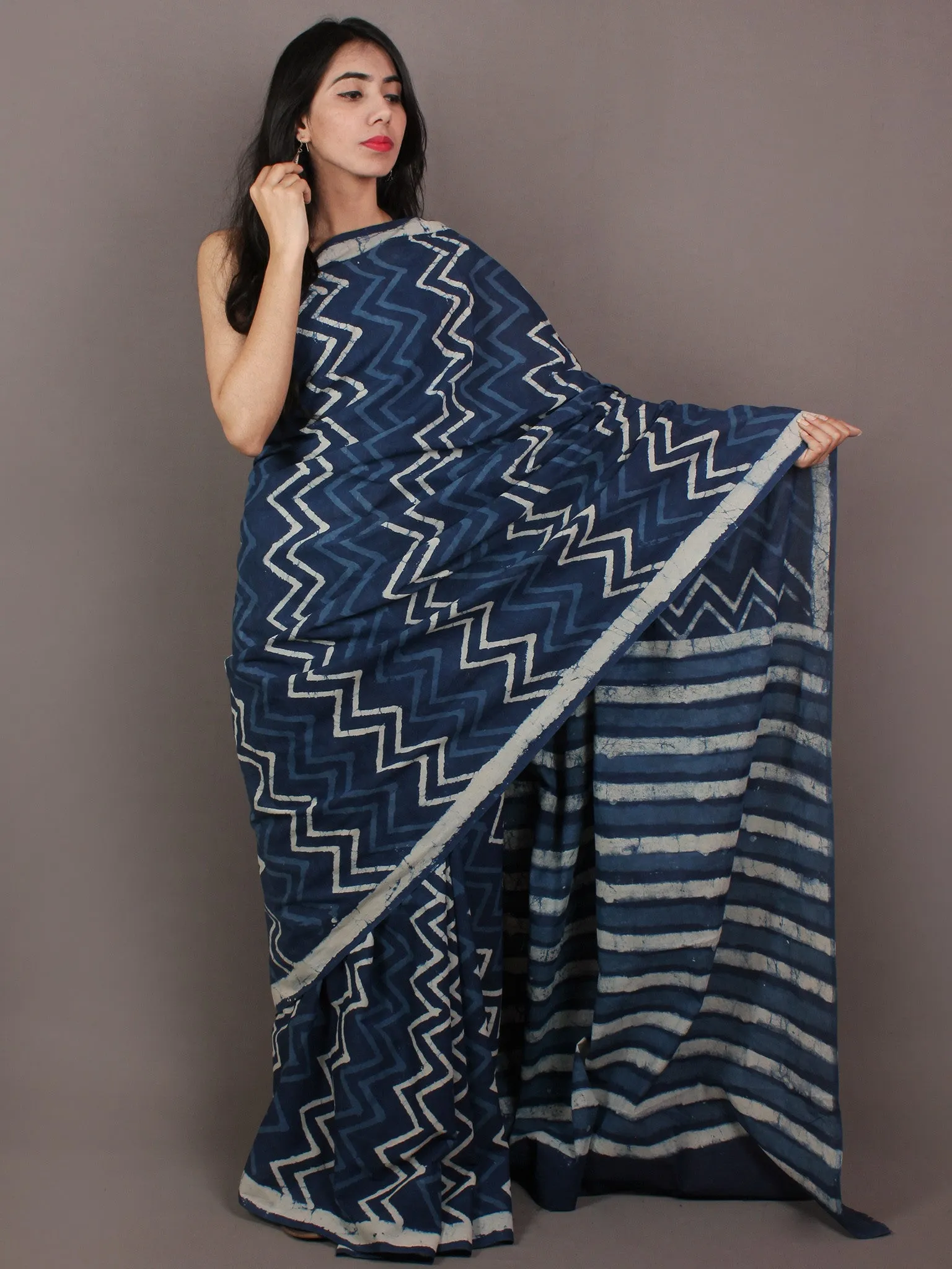 Indigo Ivory Hand Block Printed in Natural Colors Cotton Mul Saree - S031701081