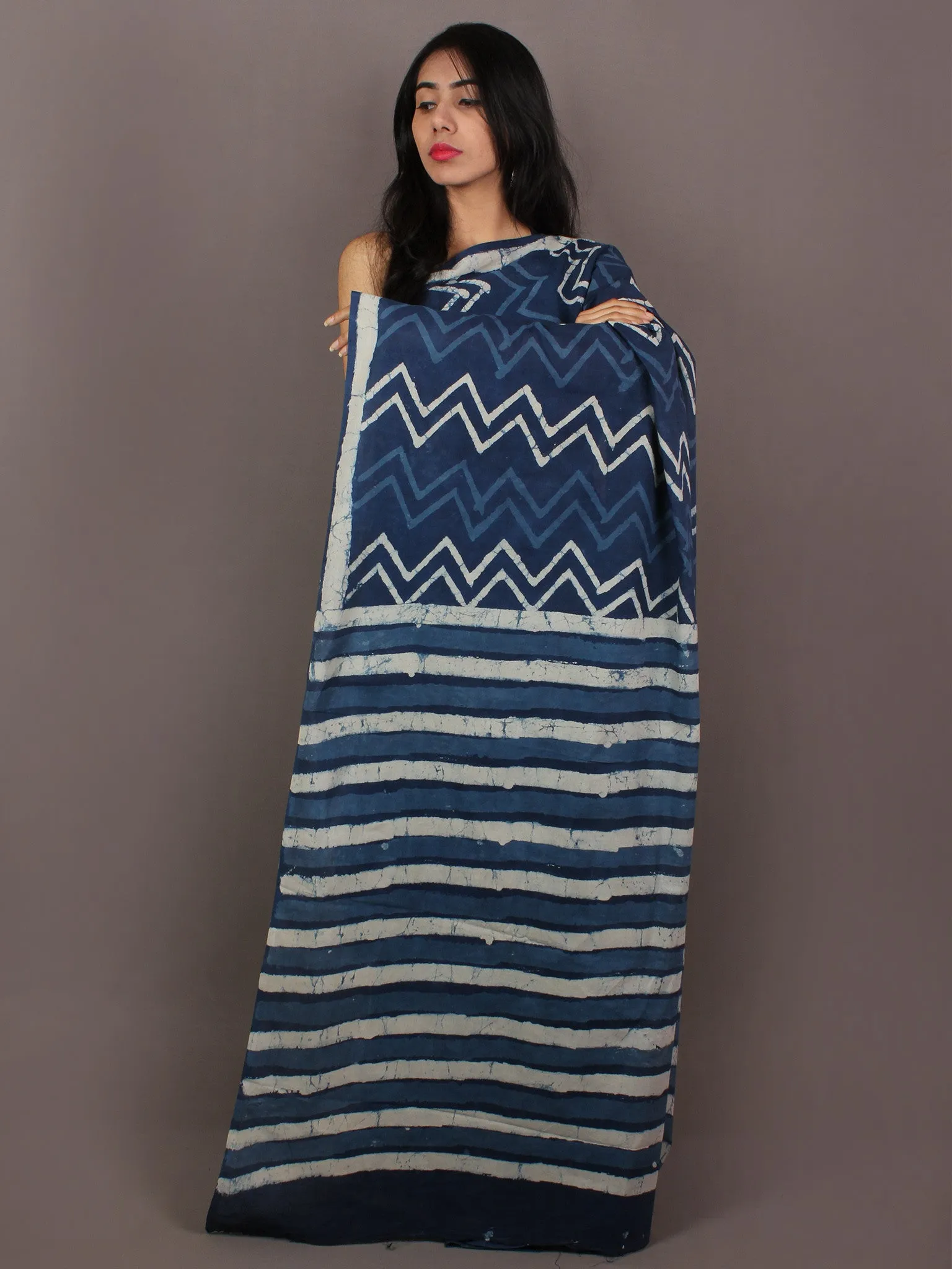 Indigo Ivory Hand Block Printed in Natural Colors Cotton Mul Saree - S031701081