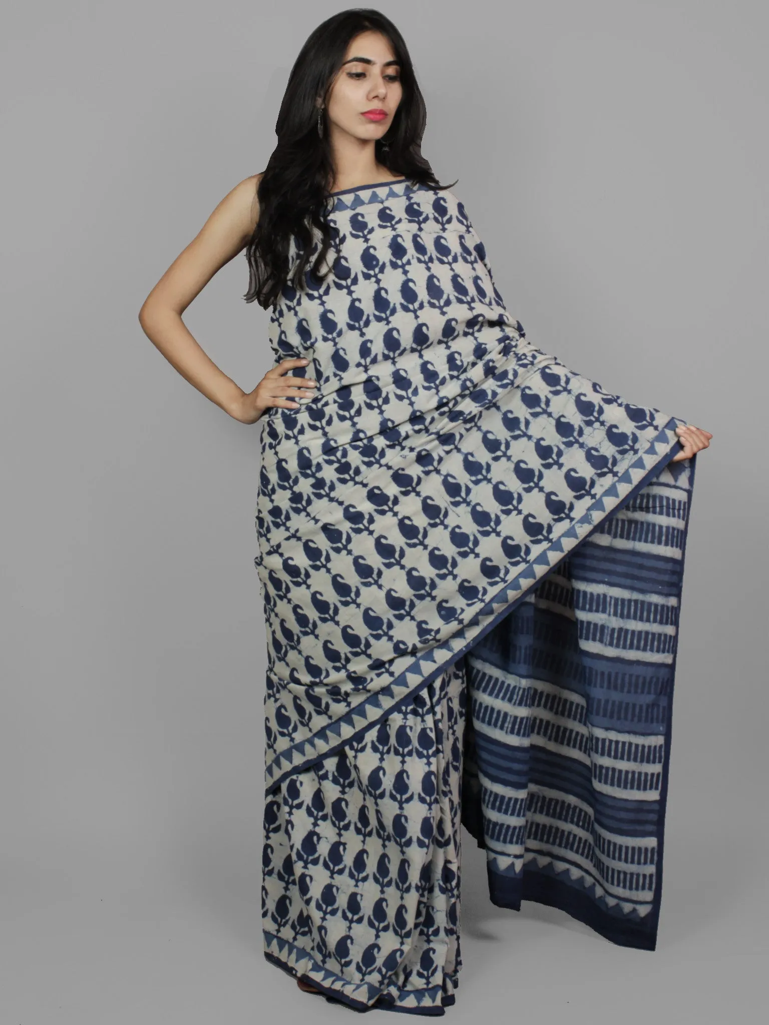 Indigo Ivory Hand Block Printed in Natural Colors Cotton Mul Saree - S031702131