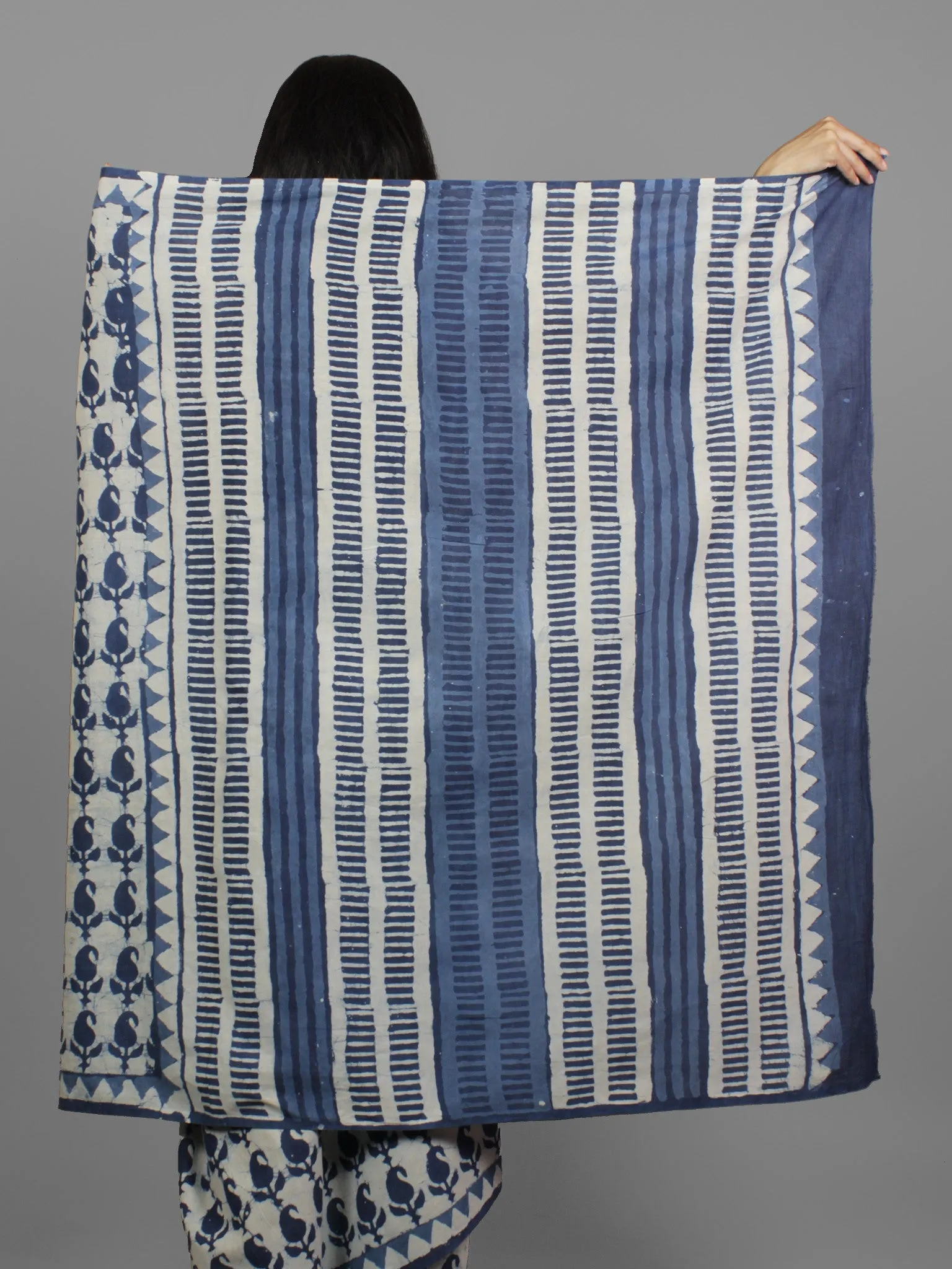 Indigo Ivory Hand Block Printed in Natural Colors Cotton Mul Saree - S031702131