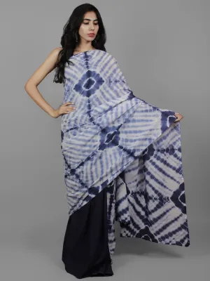 Indigo Ivory Natural Color Dyed Hand Clamped Cotton Shibori Saree - S031702121