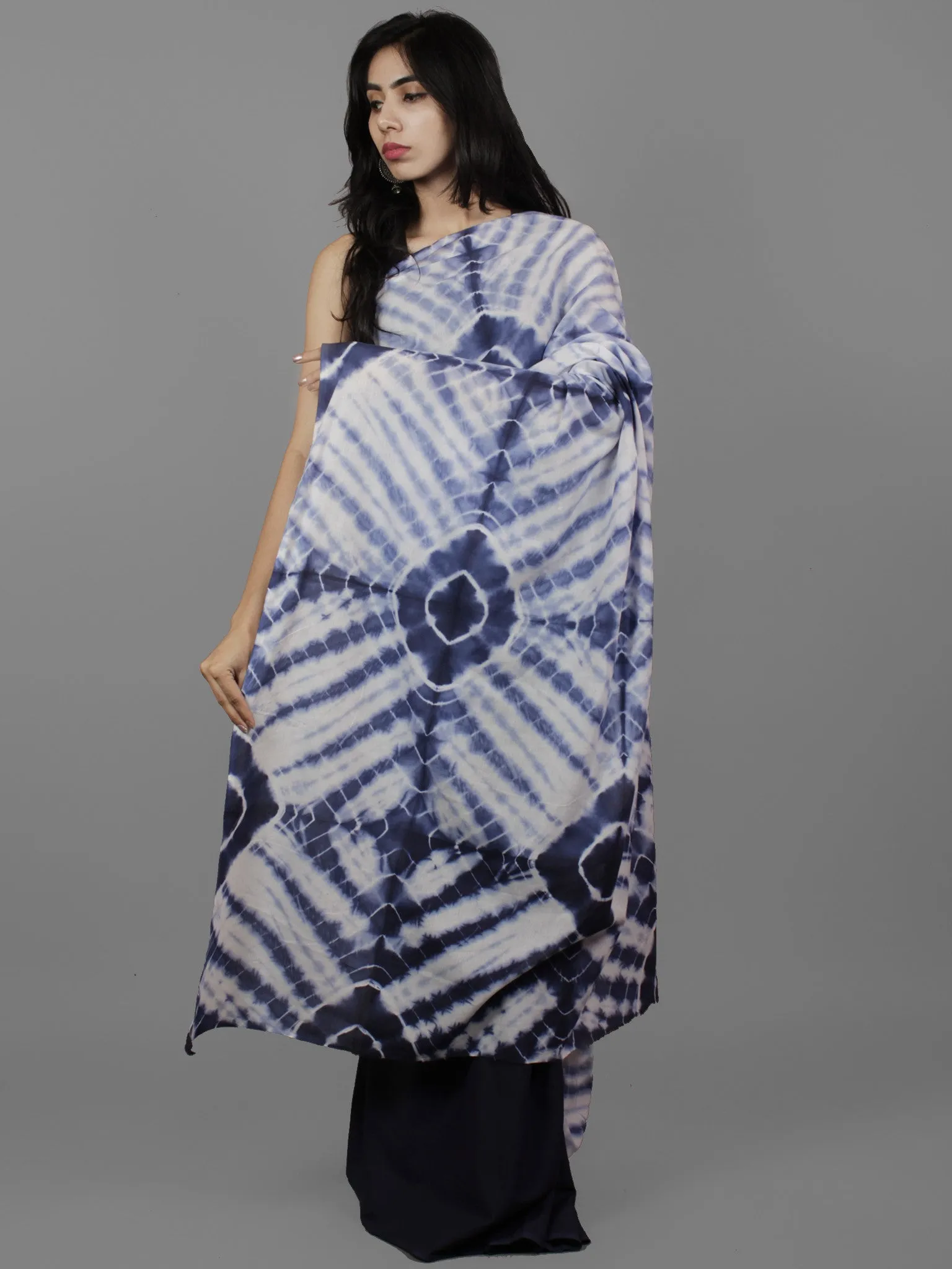 Indigo Ivory Natural Color Dyed Hand Clamped Cotton Shibori Saree - S031702121