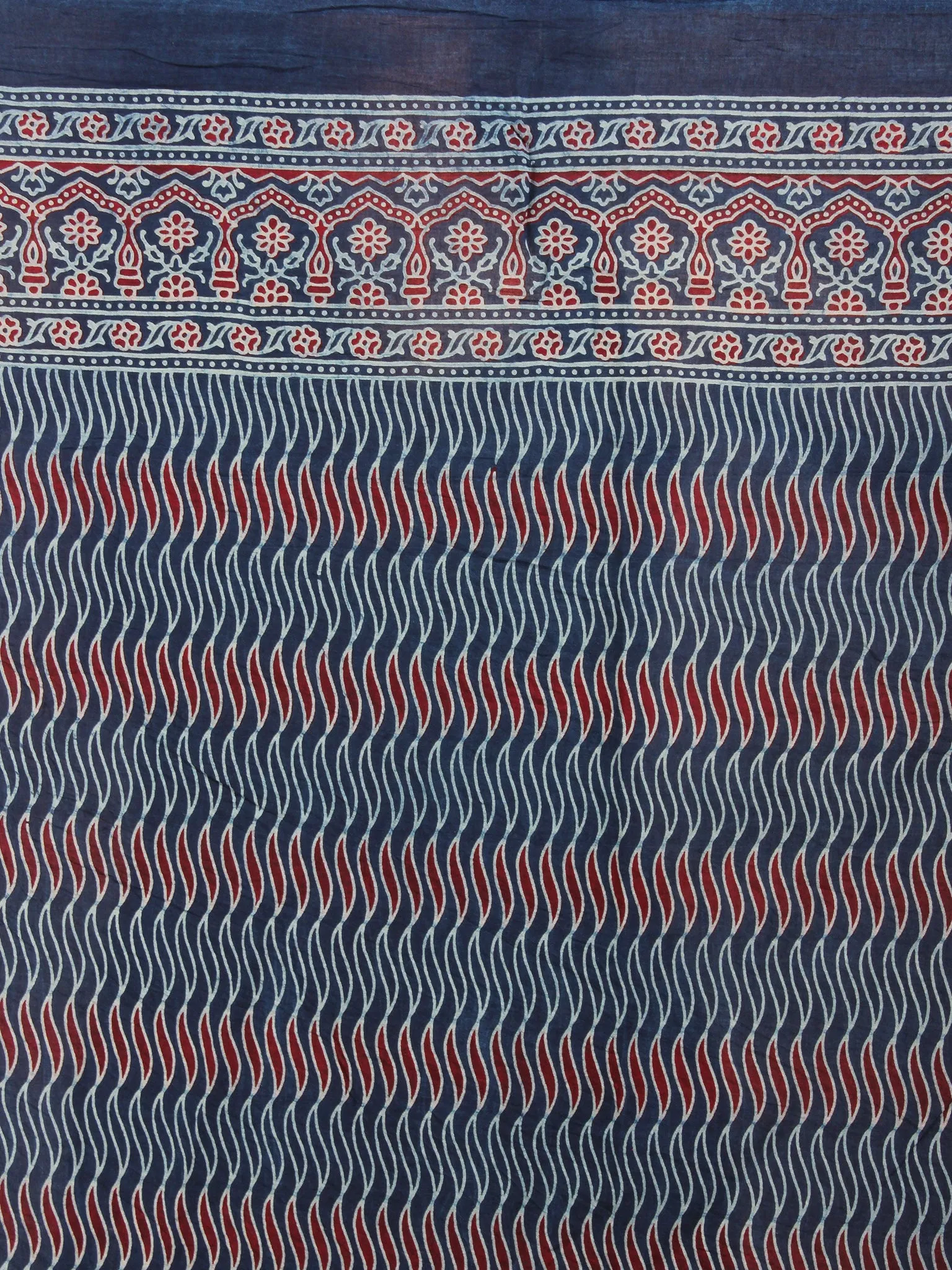 Indigo Maroon Fern Green  Mughal Nakashi Ajrakh Hand Block Printed in Natural Vegetable Colors Cotton Mul Saree - S03170591