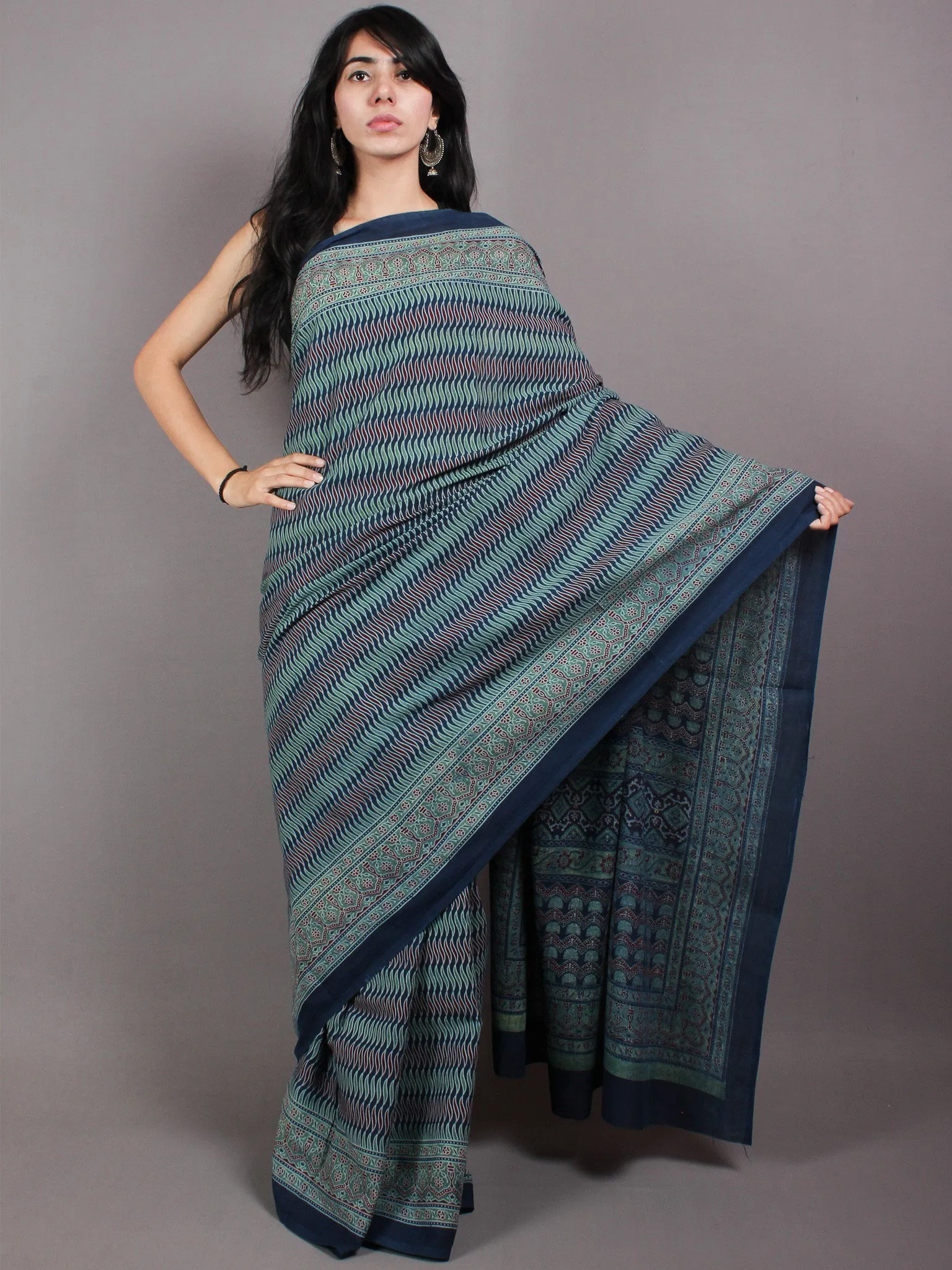 Indigo Maroon Fern Green  Mughal Nakashi Ajrakh Hand Block Printed in Natural Vegetable Colors Cotton Mul Saree - S03170591