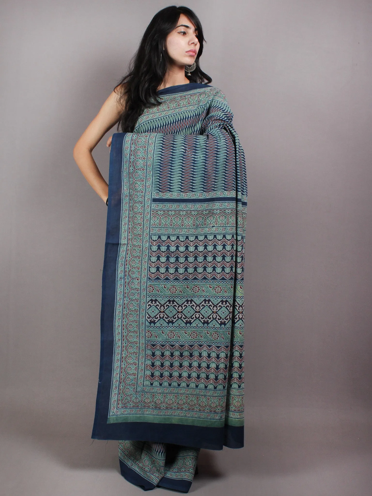 Indigo Maroon Fern Green  Mughal Nakashi Ajrakh Hand Block Printed in Natural Vegetable Colors Cotton Mul Saree - S03170591