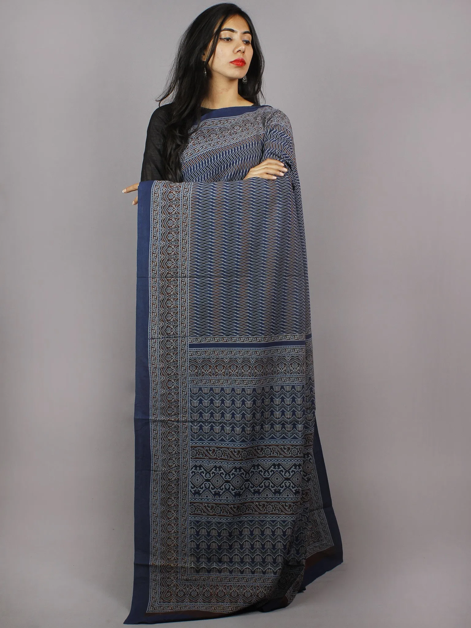 Indigo Maroon Grey Mughal Nakashi Ajrakh Hand Block Printed in Natural Vegetable Colors Cotton Mul Saree - S031701268