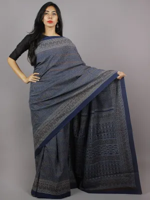 Indigo Maroon Grey Mughal Nakashi Ajrakh Hand Block Printed in Natural Vegetable Colors Cotton Mul Saree - S031701268