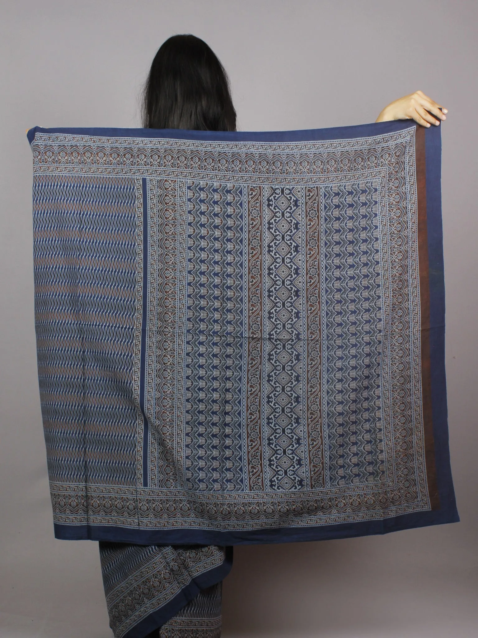 Indigo Maroon Grey Mughal Nakashi Ajrakh Hand Block Printed in Natural Vegetable Colors Cotton Mul Saree - S031701268