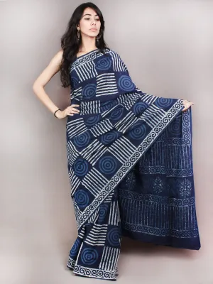 Indigo White Hand Block Printed Cotton Saree in Natural Colors - S03170813